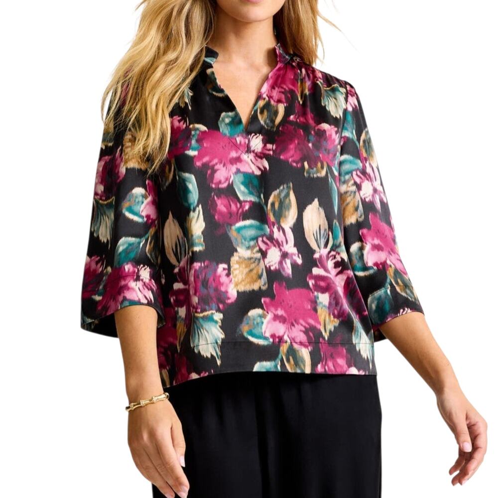 Tommy Bahama Jeweled Blooms Silk Shirt Black Purple Floral 3/4 Sleeve Small